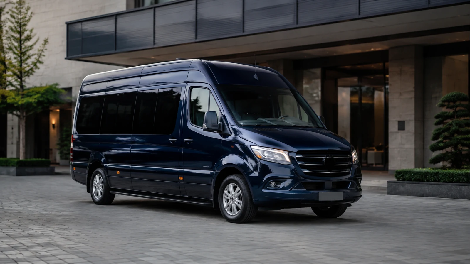 Premium group transfer vehicle in a modern European city