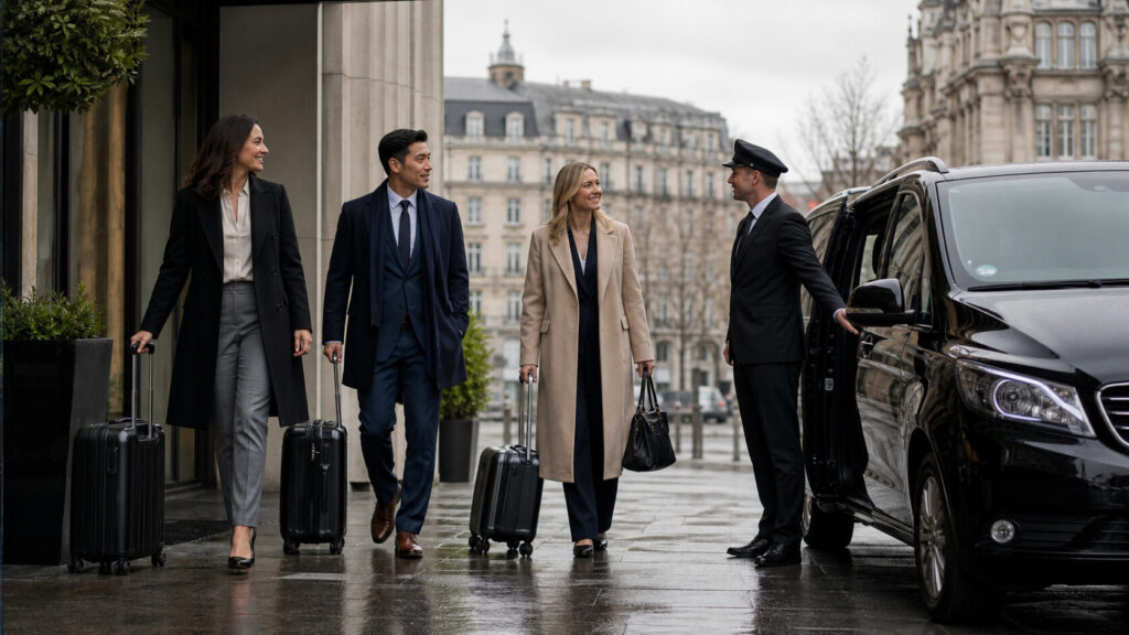 Business travellers meeting a professional chauffeur in a European city