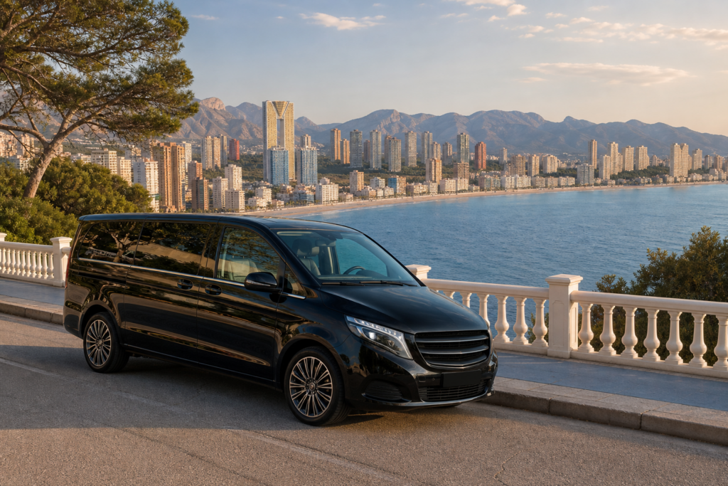 A premium executive minivan overlooking the Benidorm skyline and Mediterranean coast.