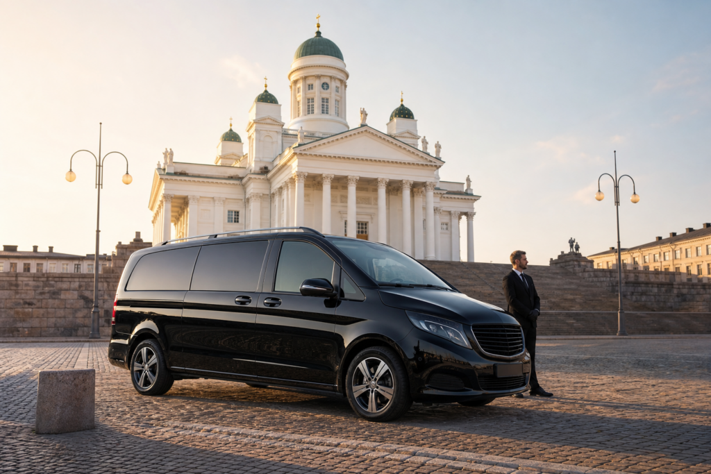 A premium executive minivan and chauffeur at Helsinki Senate Square, with Helsinki Cathedral behind.