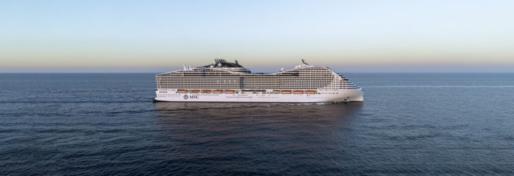 MSC World Europa sailing at sea in side profile