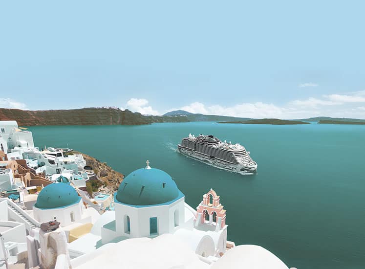 Norwegian Cruise Line ship sailing near Santorini