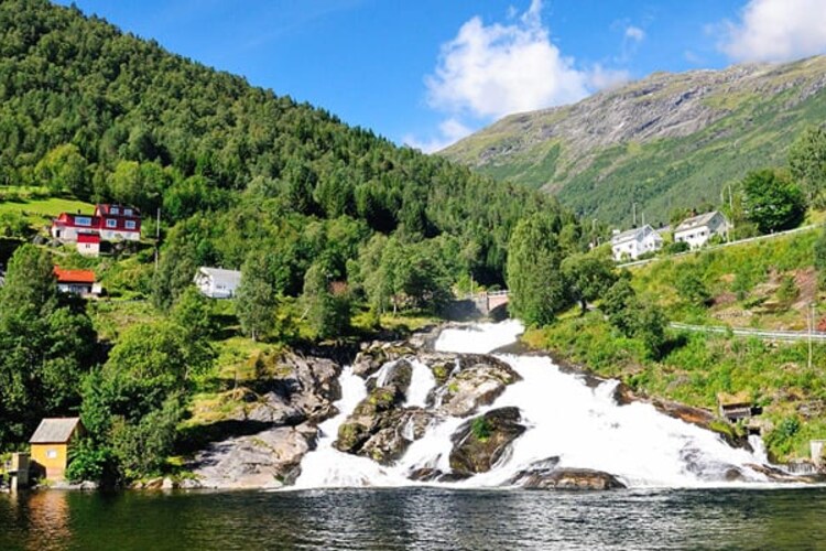 Waterfalls and mountain scenery near Hellesylt, Norway.