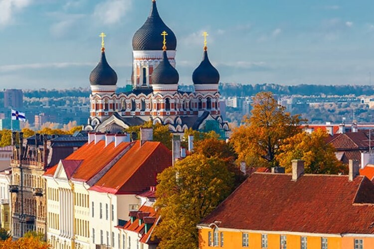 The red roofs and historic towers of Tallinn Old Town.