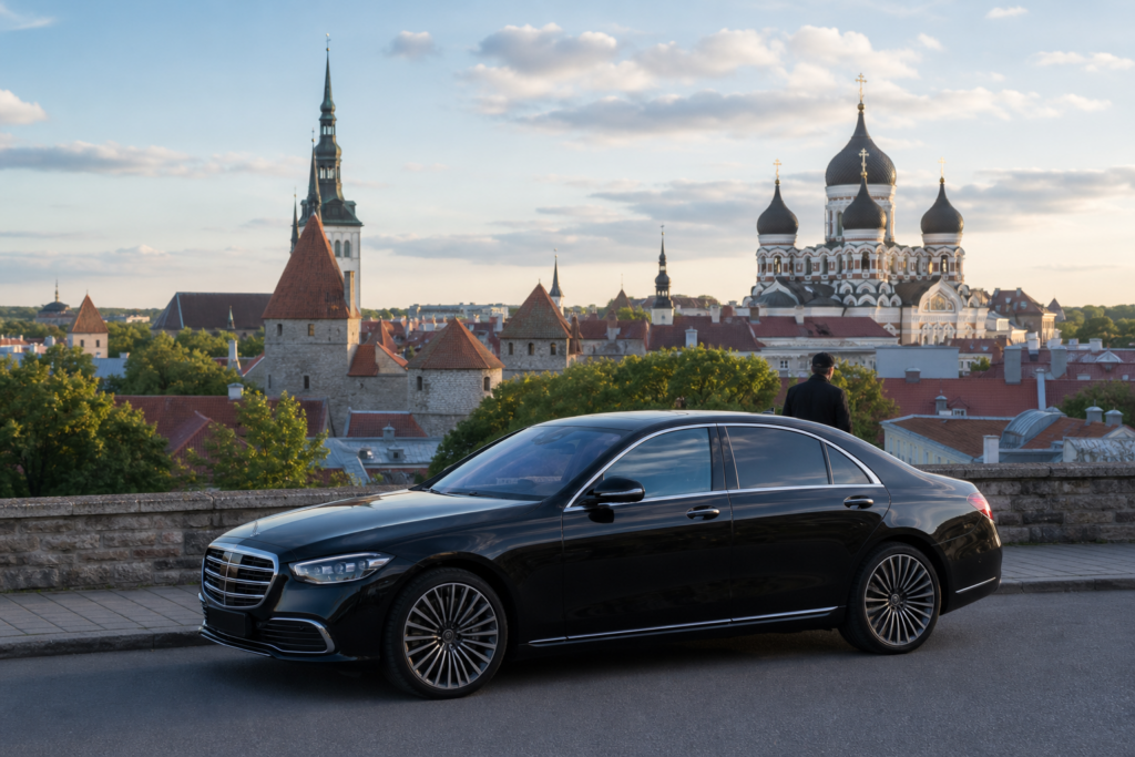A premium executive car with the recognizable Tallinn Old Town skyline behind.